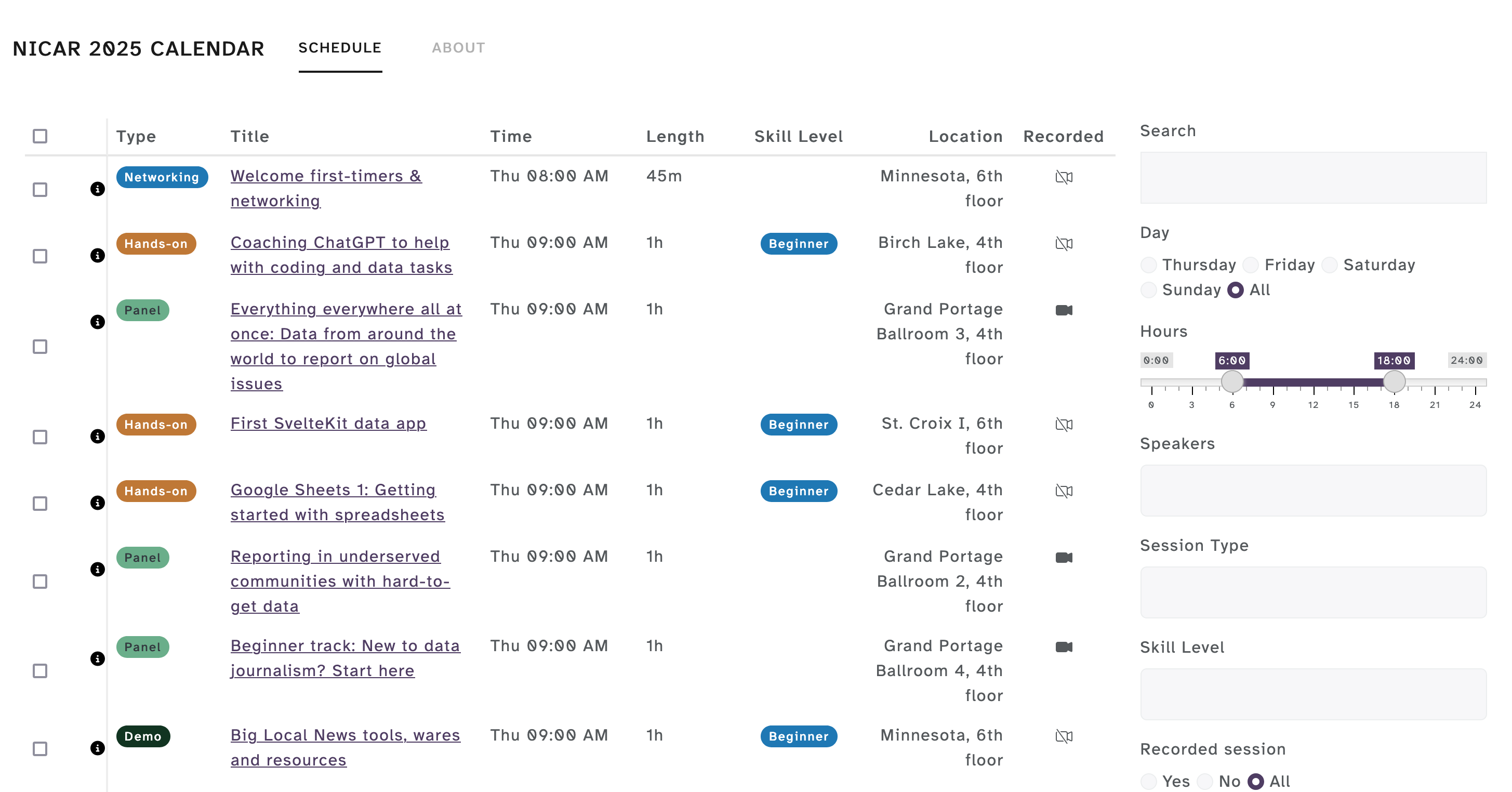 Shiny app table of NICAR 2025 sessions, displaying fields including session type, time, length, skill level, location, and whether the recorded. The interactive options to filter the sessions include a keyword search bar, a radio button for the day of the conference, a slider for the time of day, a search bar for speakers, session type, and skill level, and lastly, a radio button for whether the session will be recorded. Official conference schedule is posted online at https://schedules.ire.org/nicar-2025/index.html